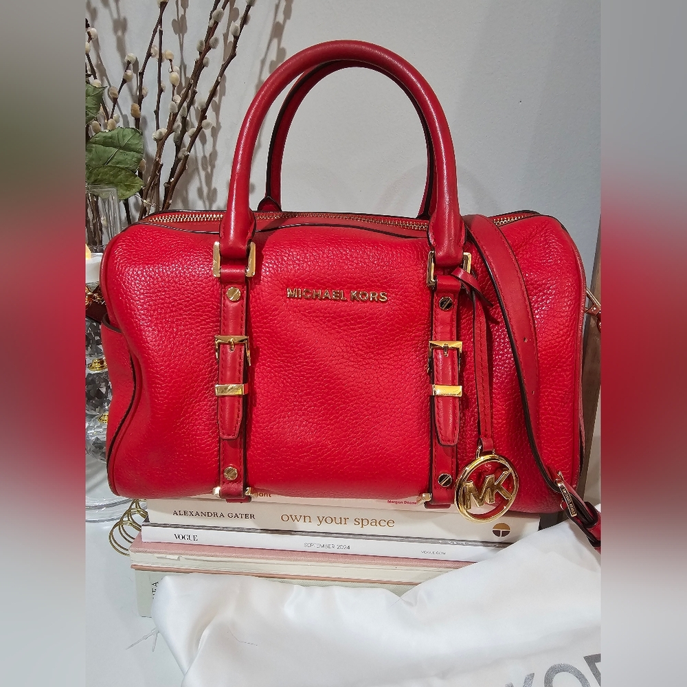 Michael Kors Red Bedford Legacy Medium Pebbled Leather Duffle Satchel